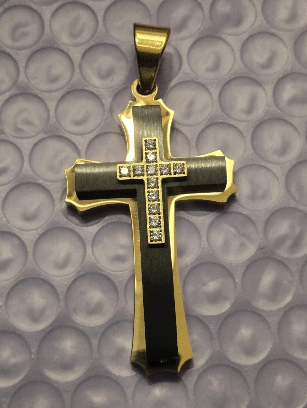 202 Stainless Steel Multi-Layer Cross Pendant Necklace Black Enamel & CZ Stones